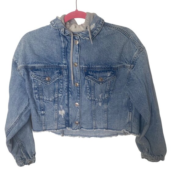 American Eagle Hoodie Crop Denim Jacket Womens XS Blue Distressed Layering - Picture 1 of 9